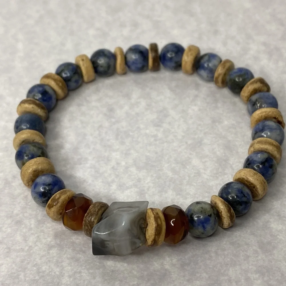 Lapis lazuli glass wood beaded bracelet Unisex